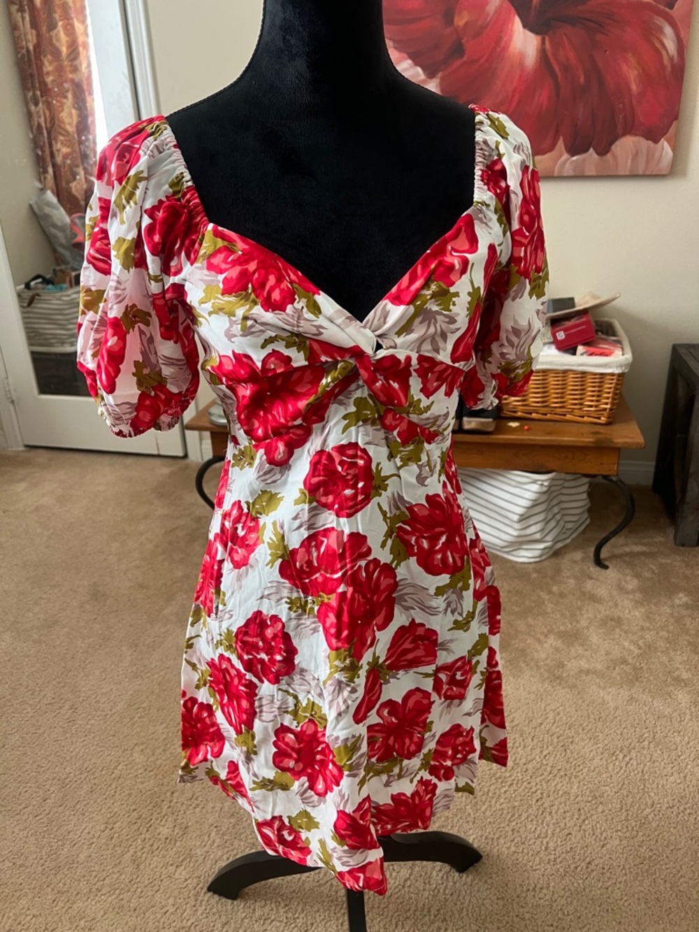 Faithfull the Brand White Dress with Red Floral Print and Green Leaves